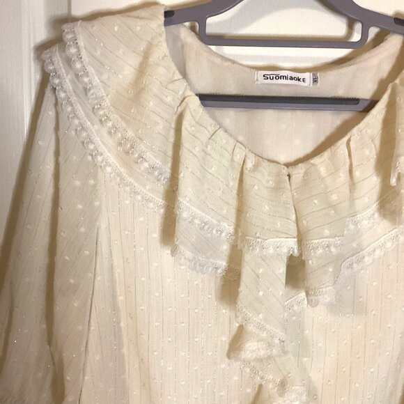 Suomiaoke Women's Blouse Ruffles Feminine Cream Lace Office Business Clothes - Picture 2 of 10